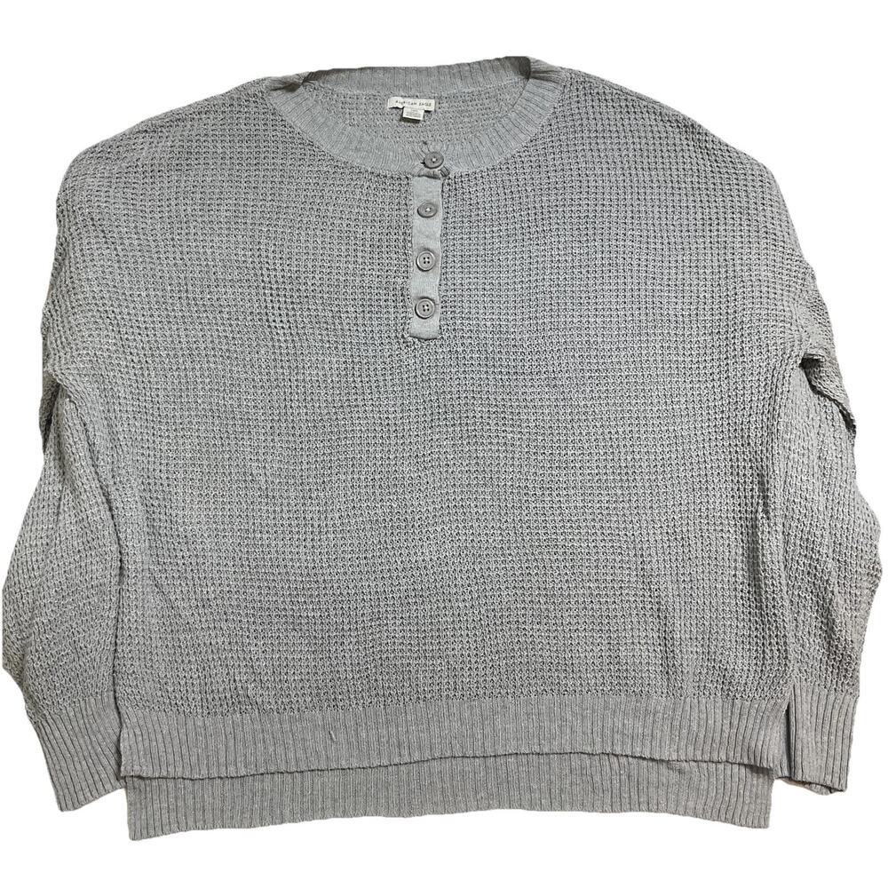 American Eagle Women Sweatshirt L Gray Button Long Sleeve Henley Lightweight